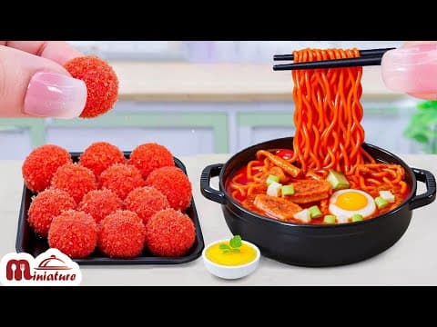 Korean Fire Noodles with Spicy Fried Chicken, Crispy Onion Rings, and Sausage