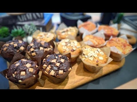 Three Chocolate Muffins with Hazelnuts, Caramel, Praline and Almonds - Delicious French breakfast with easy difficulty. Perfect recipe converted from YouTube video to PDF format.
