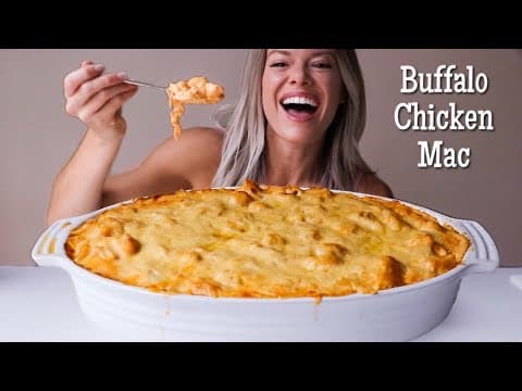 Super Cheesy Buffalo Chicken Mac and Cheese MUKBANG + Recipe!