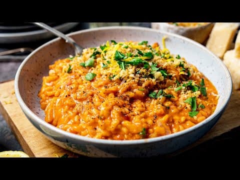 Creamy Tomato Risotto with Crispy Garlic Crumbs