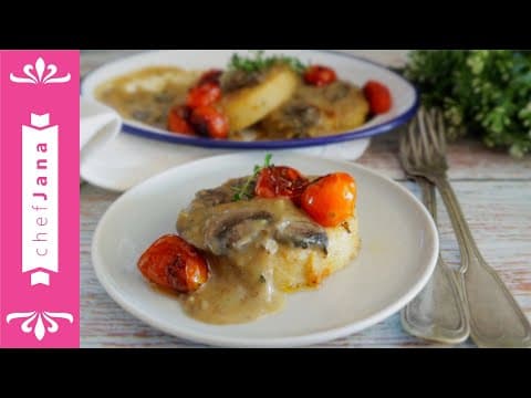 MY MUSHROOM GRAVY AND ROASTED TOMATOES POLENTA CAKES