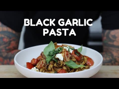 Black Garlic Linguine with Guanciale, Heirloom Tomatoes & Ricotta