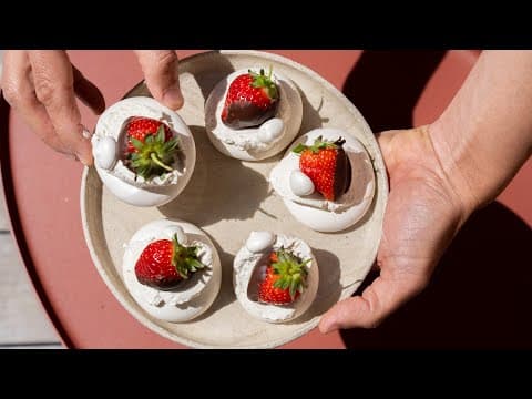 Mini Pavlova with strawberries and dark chocolate - Delicious French dessert with medium difficulty. Perfect recipe converted from YouTube video to PDF format.