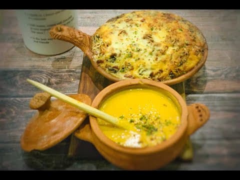 Potato and mushroom forestière gratin with creamy roasted pumpkin soup - Delicious French main course with medium difficulty. Perfect recipe converted from YouTube video to PDF format.