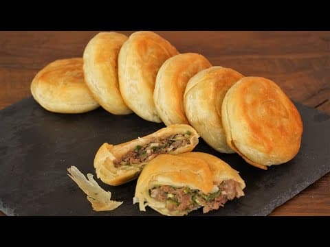 Chinese Beef Puff Pastry Pies - Delicious Chinese snack with medium difficulty. Perfect recipe converted from YouTube video to PDF format.