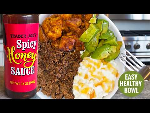 Making Beef Bowls with Sweet Potato, Avocado, Cottage Cheese & Trader Joe's Spicy Honey Sauce
