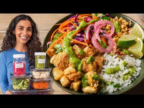 Crispy Tofu Bowl with Cilantro-Date Chutney, Peanut Crunchies & Cucumber Salad