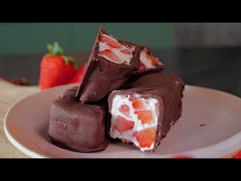 Strawberry Yogurt Bars Coated in Chocolate - Delicious French dessert with medium difficulty. Perfect recipe converted from YouTube video to PDF format.