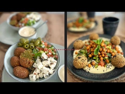 Falafel Salad – two versions: on a hummus bed and quinoa salad - Delicious Mediterranean main course with medium difficulty. Perfect recipe converted from YouTube video to PDF format.