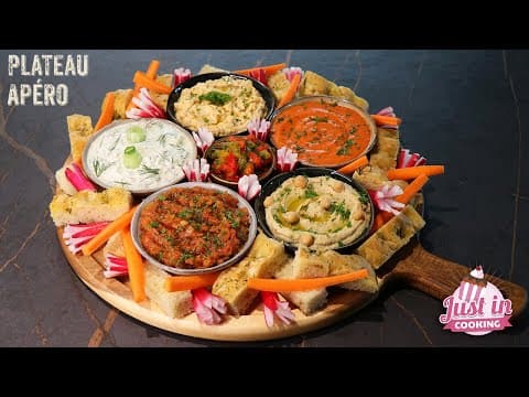 Mediterranean Mezze Platter with Hummus, Tzatziki, Roasted Eggplant, Red Pepper Spreads