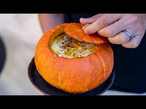 Creamy butternut squash soup served in the pumpkin - Delicious French soup with medium difficulty. Perfect recipe converted from YouTube video to PDF format.