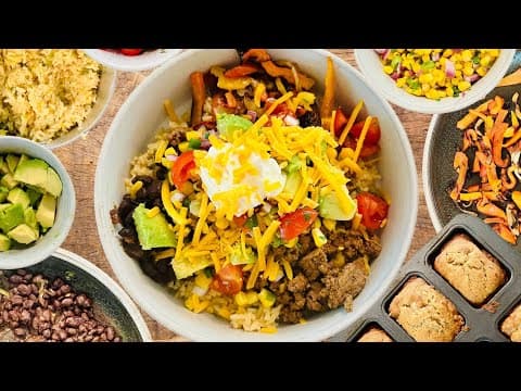 Taco Bowls! Ground Beef, Herb Rice, Corn Salsa, Pico De Gallo, Black Beans, Avocado, and Veggies