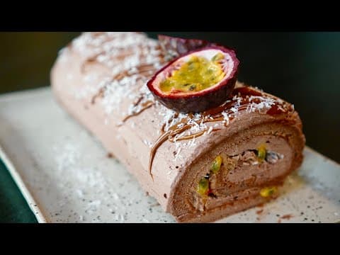 Yule log with Japanese biscuit, dark chocolate and passion fruit - Delicious French dessert with medium difficulty. Perfect recipe converted from YouTube video to PDF format.