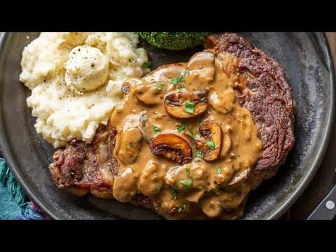 Steak with mushroom sauce, roasted potatoes and coleslaw - Delicious French main course with medium difficulty. Perfect recipe converted from YouTube video to PDF format.