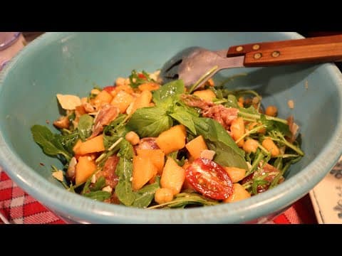 Melon, Bayonne Ham and Chickpea Salad - Delicious French appetizer with easy difficulty. Perfect recipe converted from YouTube video to PDF format.