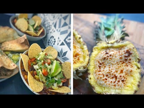 Spicy Mexican Soup, Beef Tortilla Pocket and Pina Colada Crème brûlée